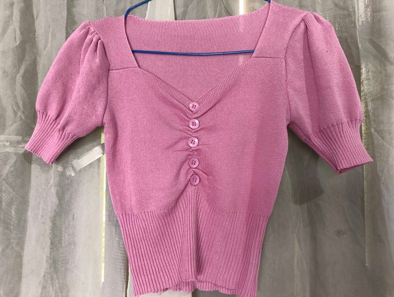 Puff Sleeve Button-Up Knit Top