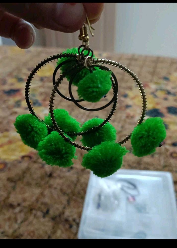 Green Pom-Pom Hoop Earrings