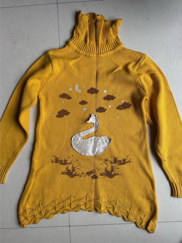 Yellow Swan Print Turtleneck Sweater