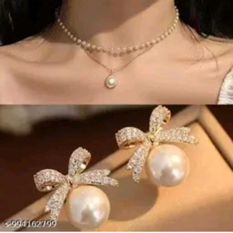 beautiful Pearl Bow Necklace &amp; Earrings Set
