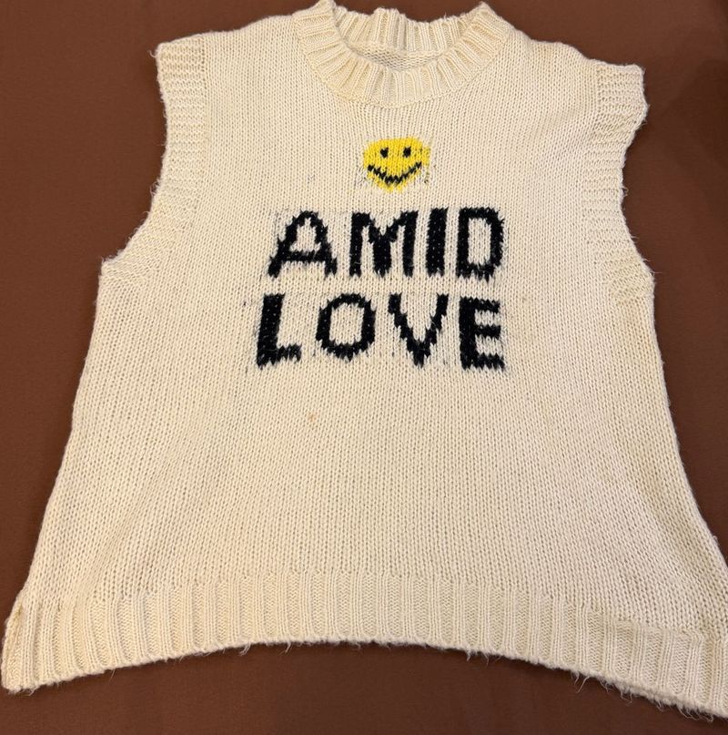 Cream Knit Vest with Smiley Face