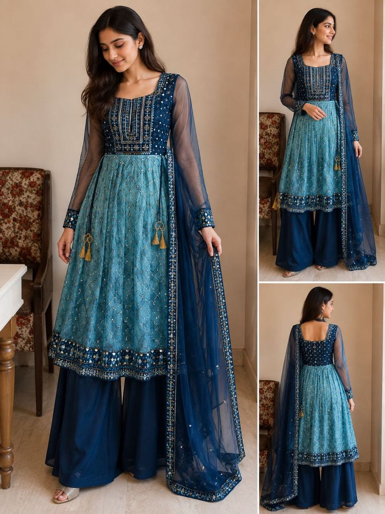 Stunning Blue nayra cut Kurta Set with Palazzo &amp; D