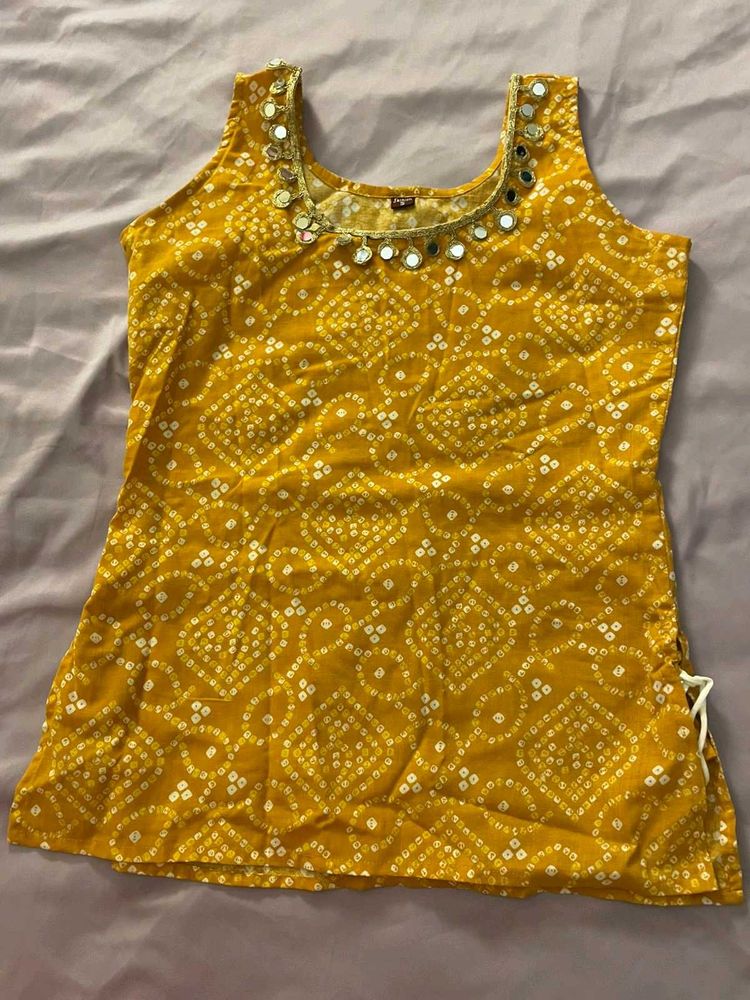 Yellow Bandhani Print Kurta with Mirror Work