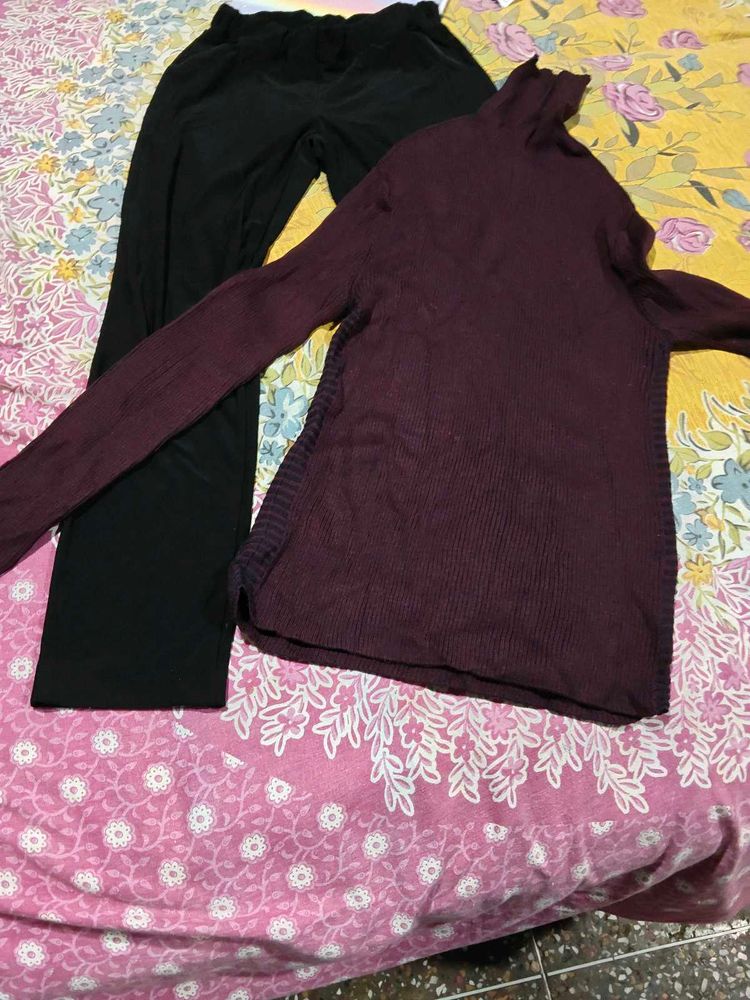 Burgundy Turtleneck Sweater with Black Pants