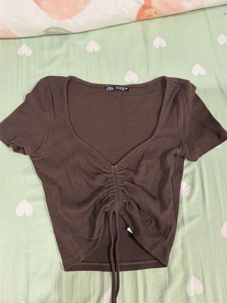 Brown Ruched Drawstring Cropped Top
