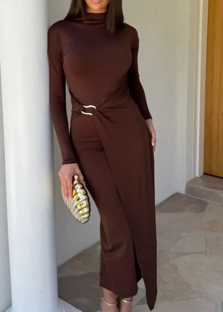 Chic Brown Mock Neck Midi Dress