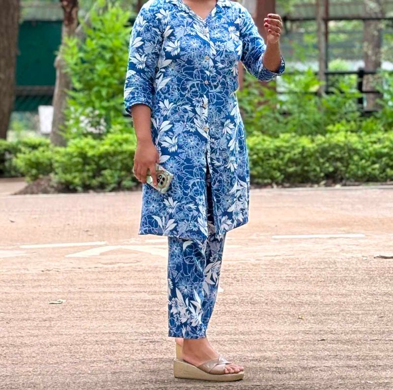 Elegant Blue Floral Printed Kurti Dress