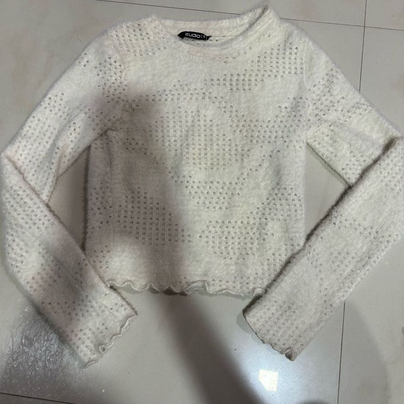 🤍 White Cropped Knit Sweater