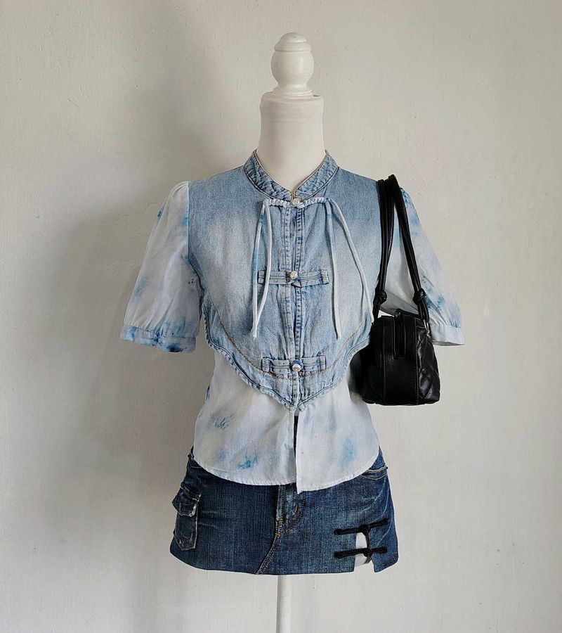 Denim/Cotton  mix manderin Collar tops