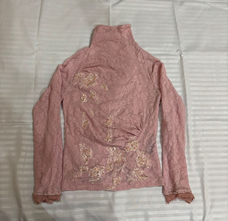 Pink Lace High Neck Top
