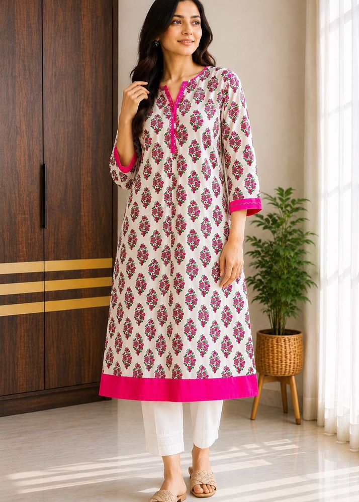 White Floral Print Kurta