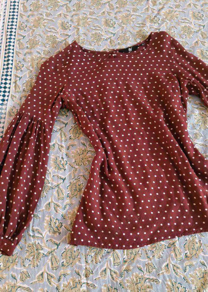 Maroon Polka Dot Top with Balloon Sleeves
