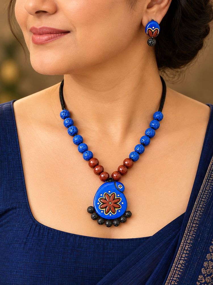 Boho Blue &amp; Brown terracotta Necklace Set