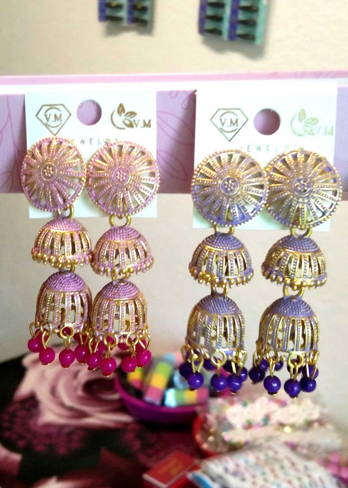 Purple &amp; Gold Jhumka Earrings pack of 2