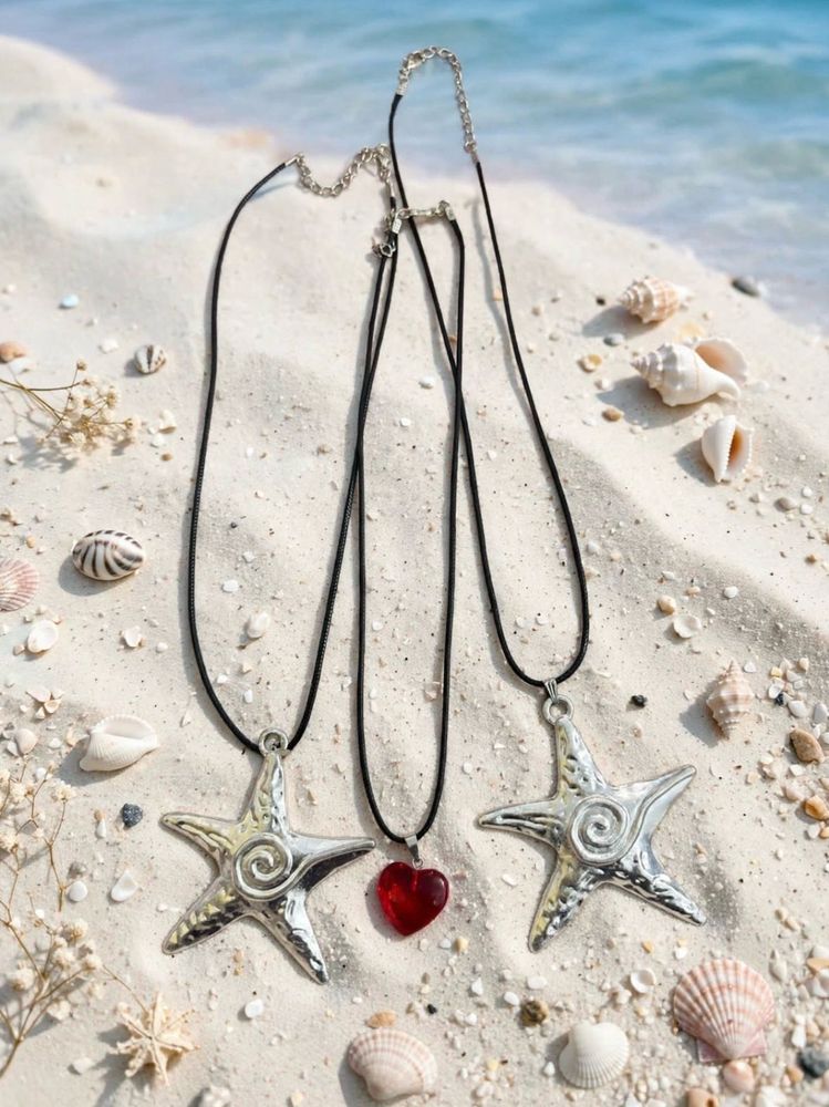 ⭐❤️ BEACHY STARFISH &amp; RED GLASS HEART NECKLACE SET