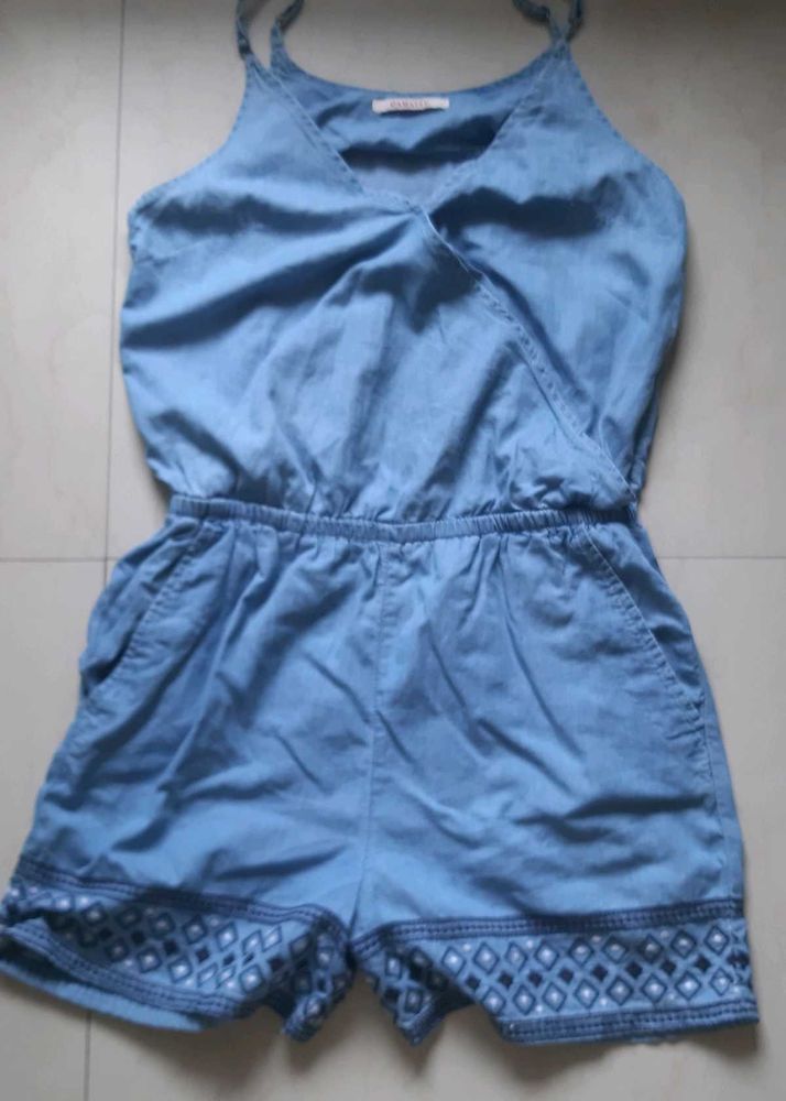 Denim Romper/ Jumpsuit with Embroidered Detail