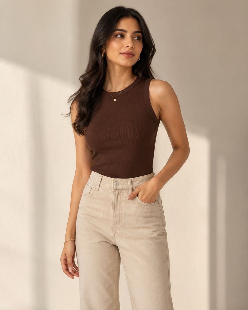 Basic Ribbed Tank Top - Brown