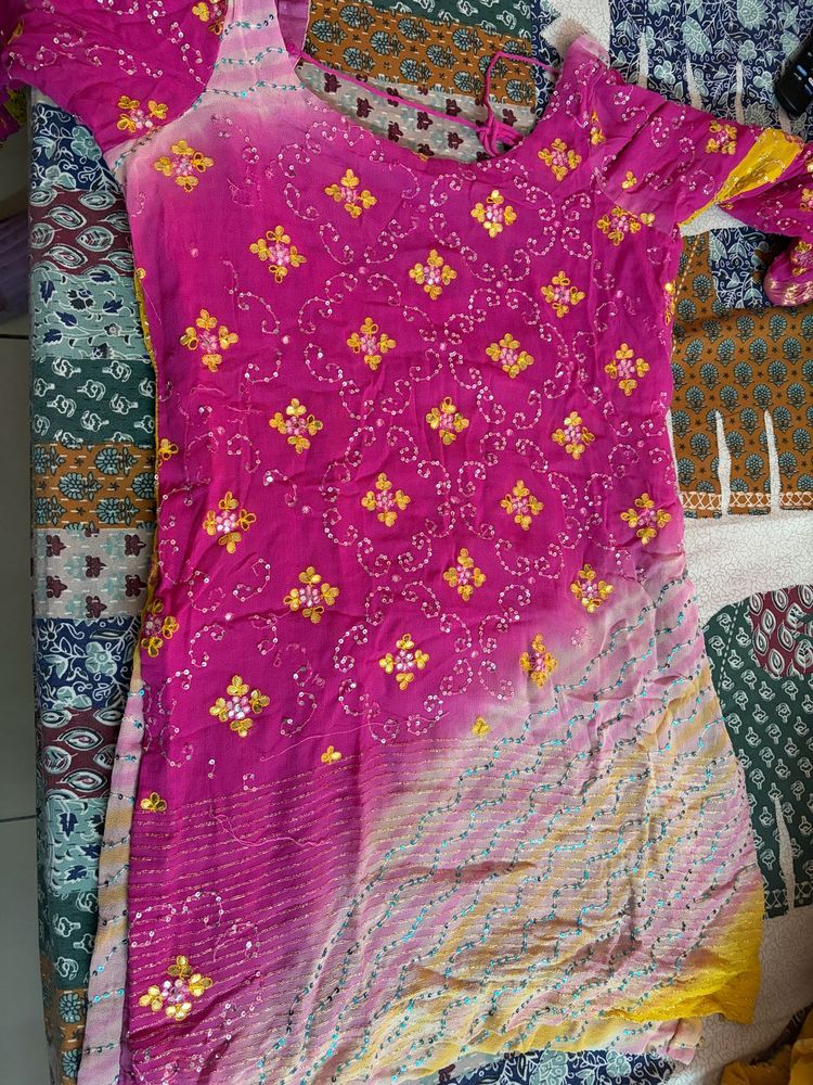 Vibrant Yellow &amp; Pink Ethnic Suit Set