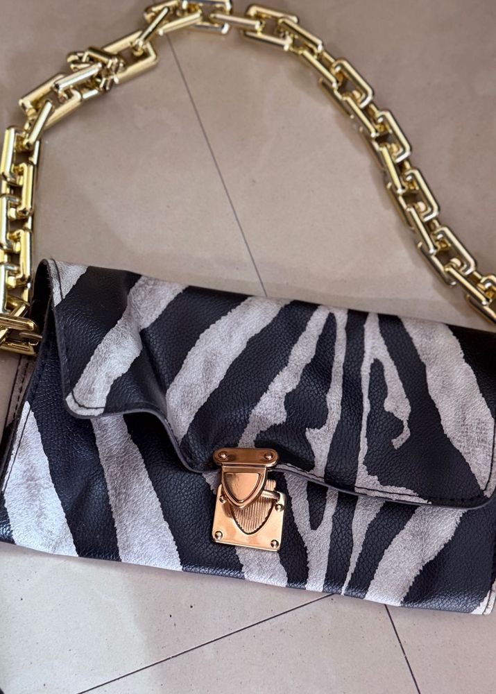 Zebra Print Clutch with Gold Chain