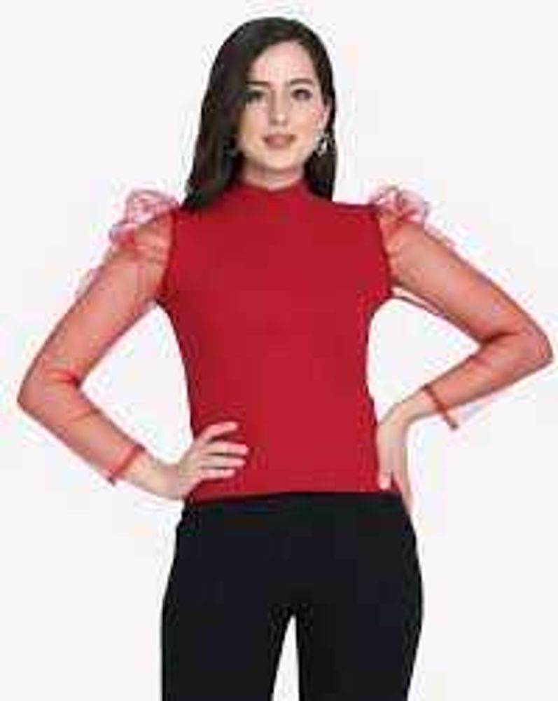 Chic Red Top with Sheer Sleeves