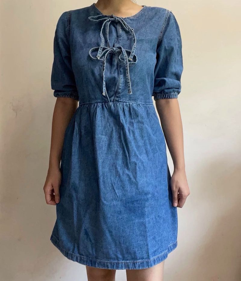 Denim Tie-Neck Puff Sleeve Dress