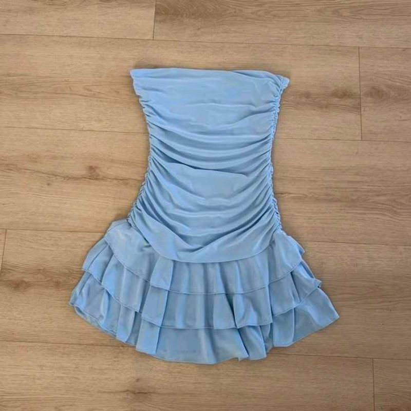 Light Blue Ruched Ruffle Mini Dress