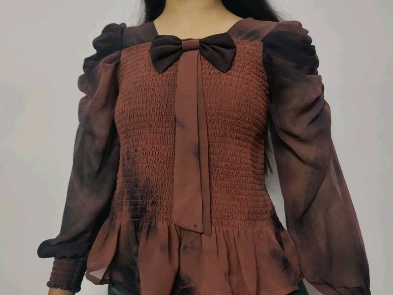 Chic Brown Smocked Bow Top