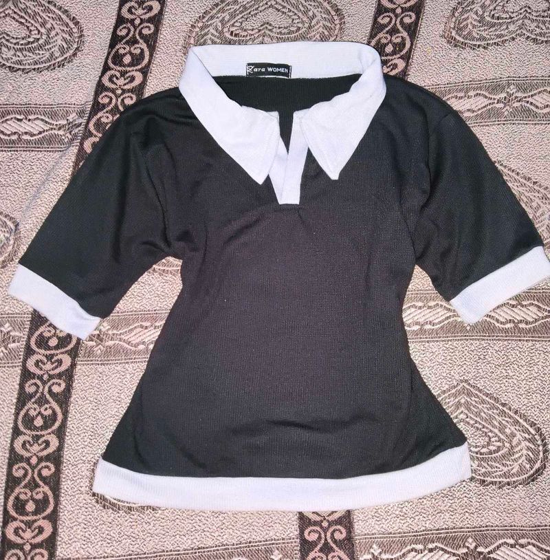 Ribbed Classic Black &amp; White Collared Top