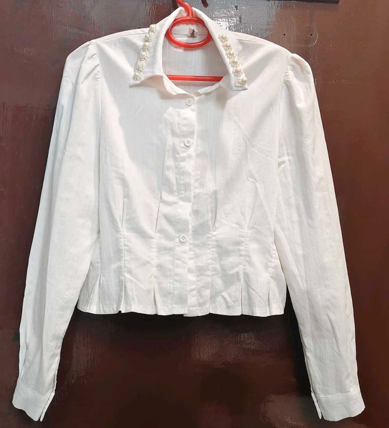 Elegant Pearl Embellished White Blouse