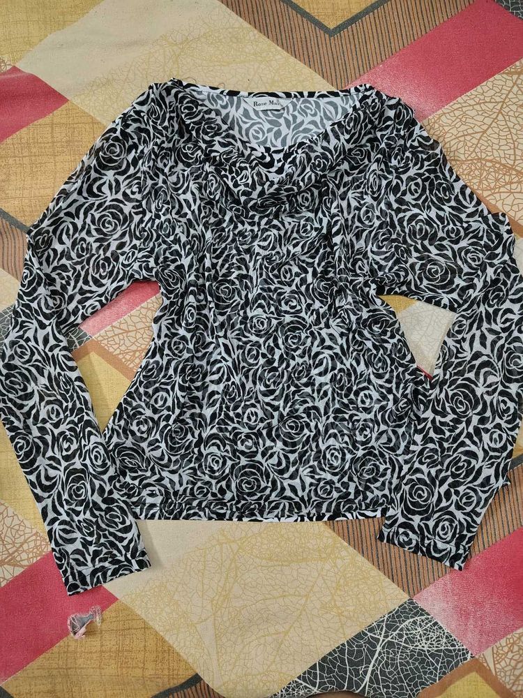 Chic Black &amp; White Rose Print Cowl neck y2k Top