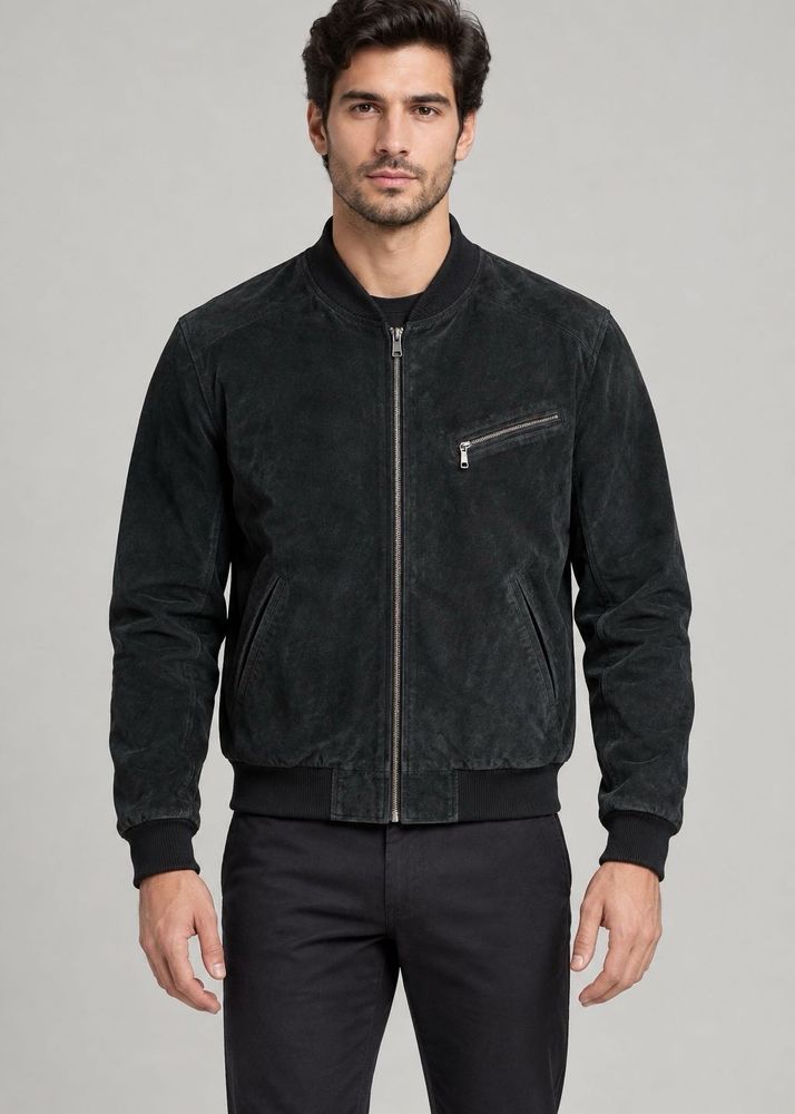 Black  suede leather full-zip bomber jacket