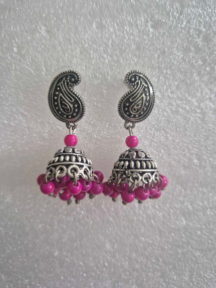 Boho Jhumka Earrings with Pink Beads
