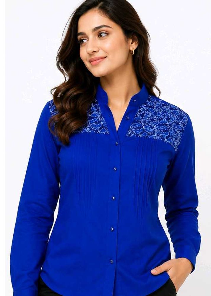 Royal Blue Lace Trim Button-Up Shirt