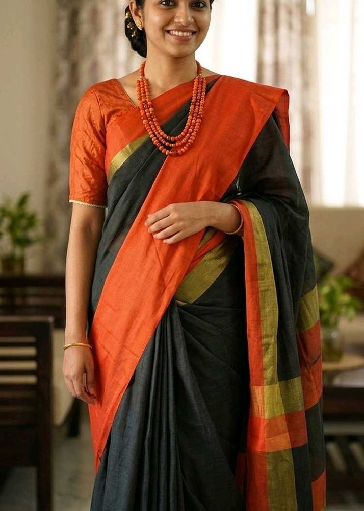 NewElegantCottonSilkSaree-Orange&amp;Blck-Extra