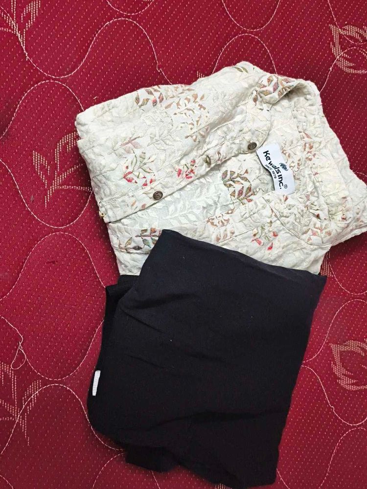 Cream Floral Kurta with Black Pants