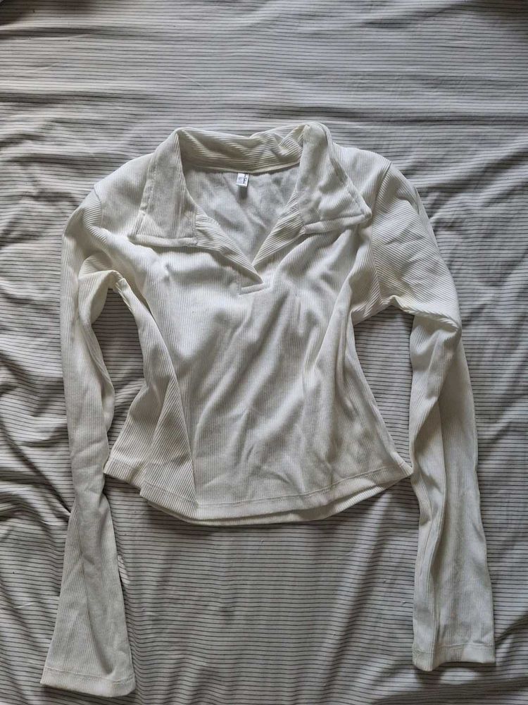 Ribbed Collared Long Sleeve Top