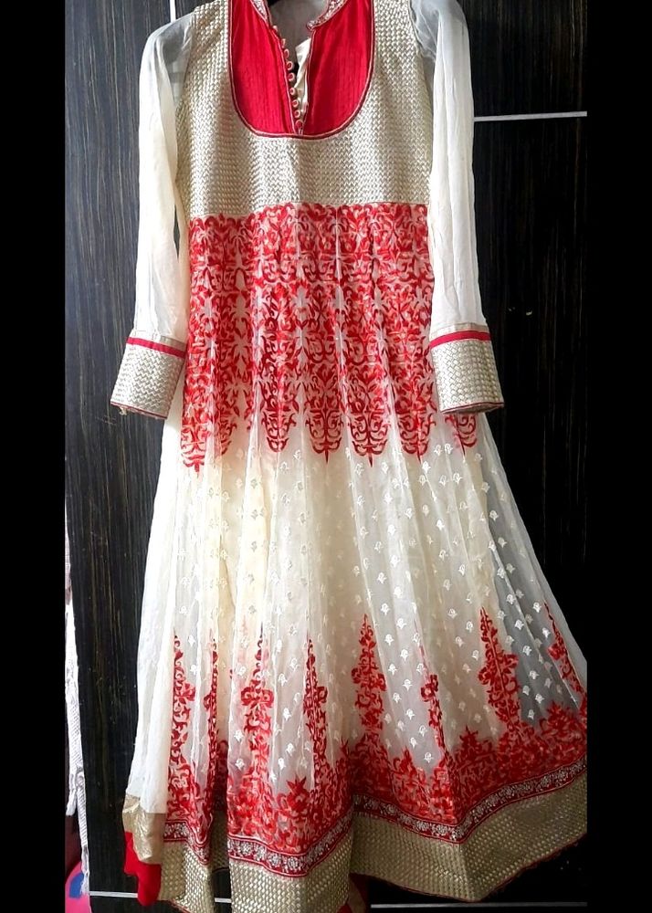 Red &amp; Cream Embroidered Anarkali Gown For Weddings