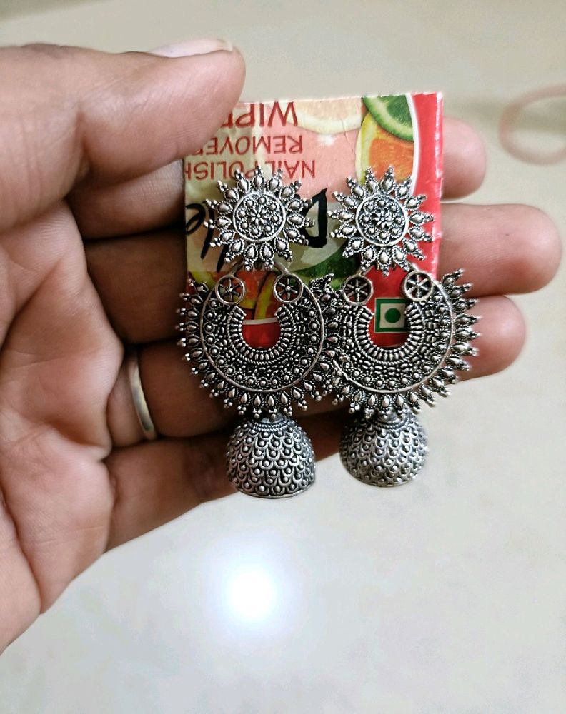 Oxidized Silver Jhumka Earrings
