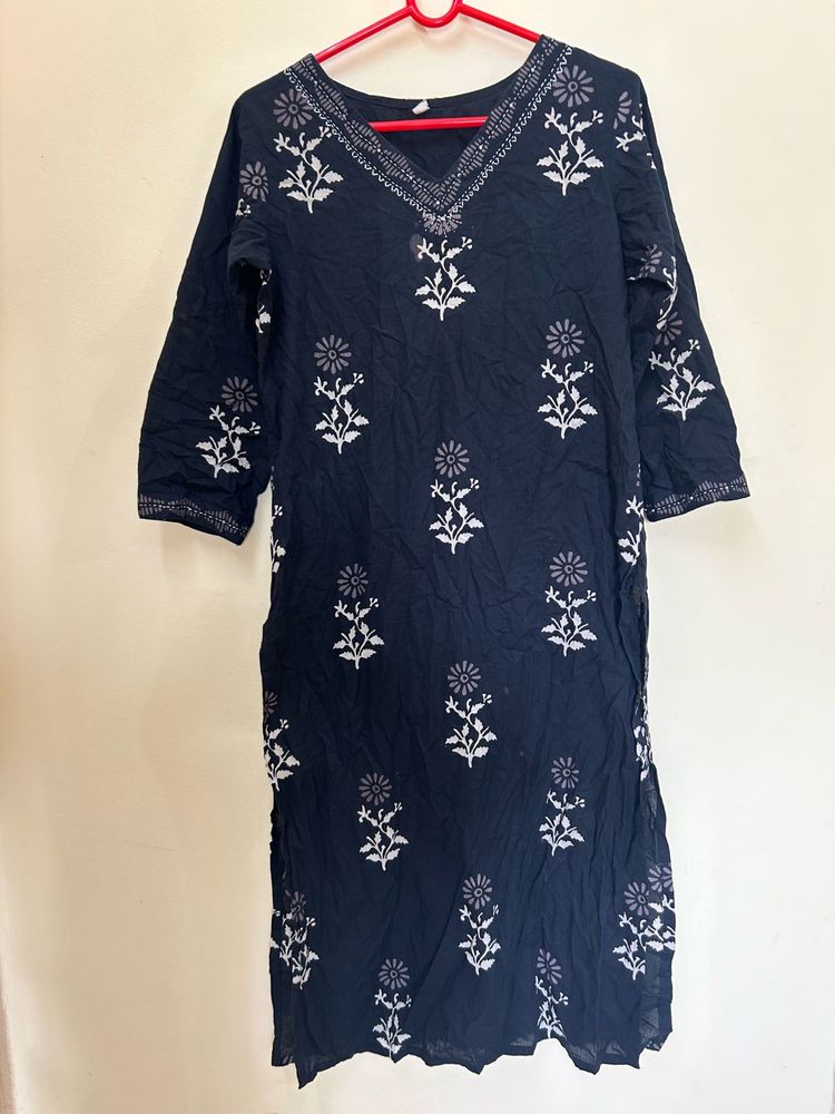 Navy Floral Embroidered Kurti