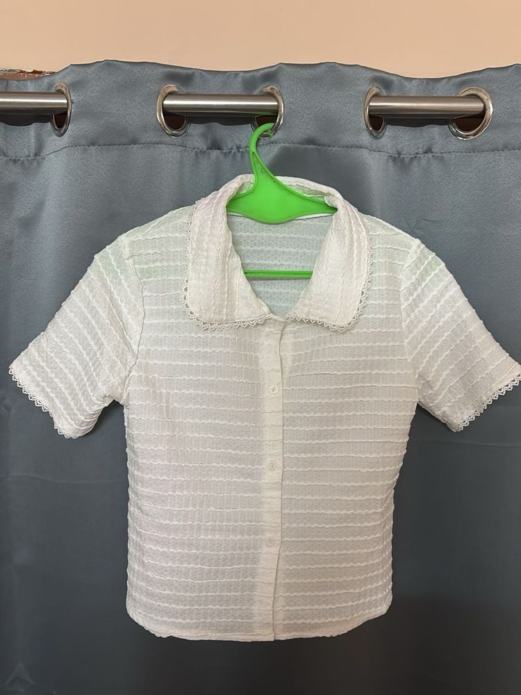 White Lace Trim Textured Top