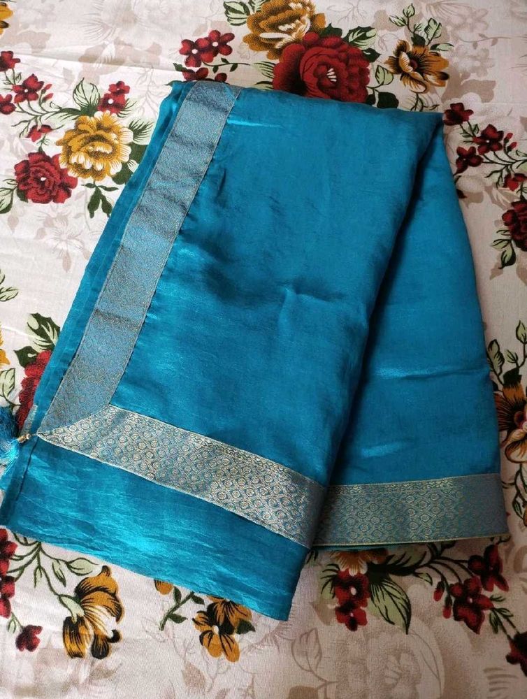 🌼Teal Blue Silk Saree with Silver Border🌼
