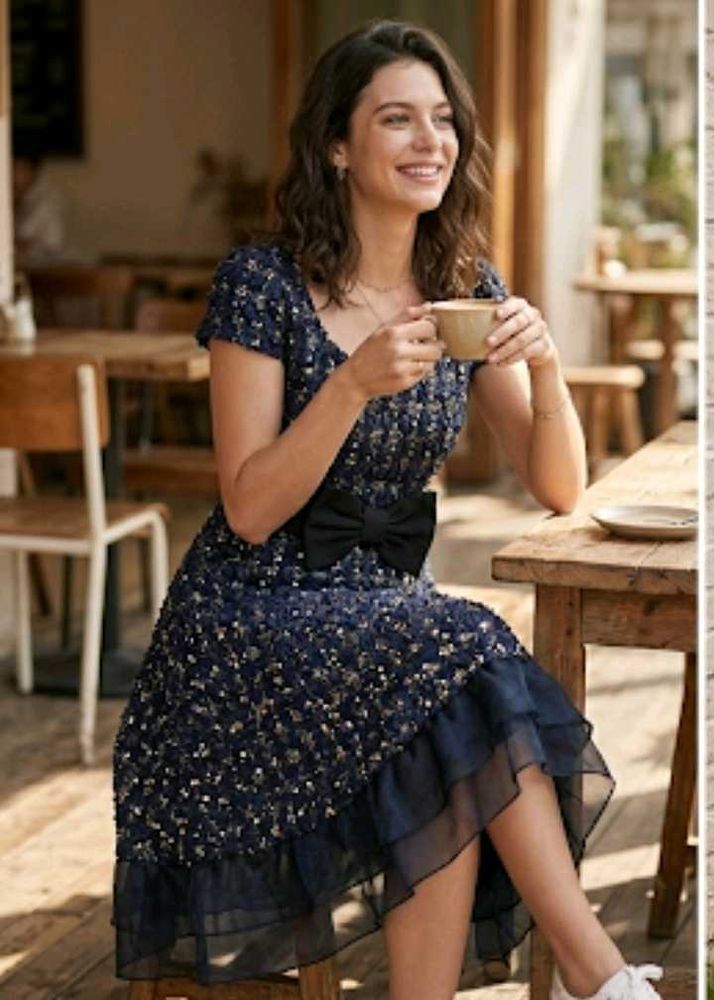 Sparkly Navy Dress with Bow Detail