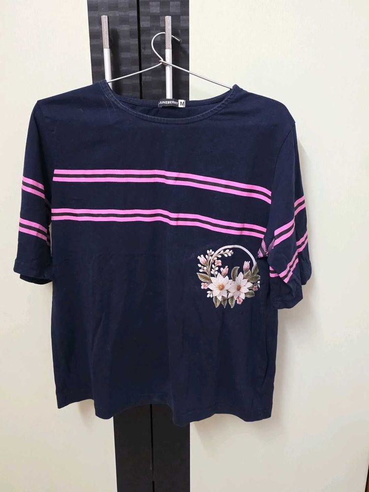 Navy Blue T-Shirt with Pink Stripes &amp; Floral Desig