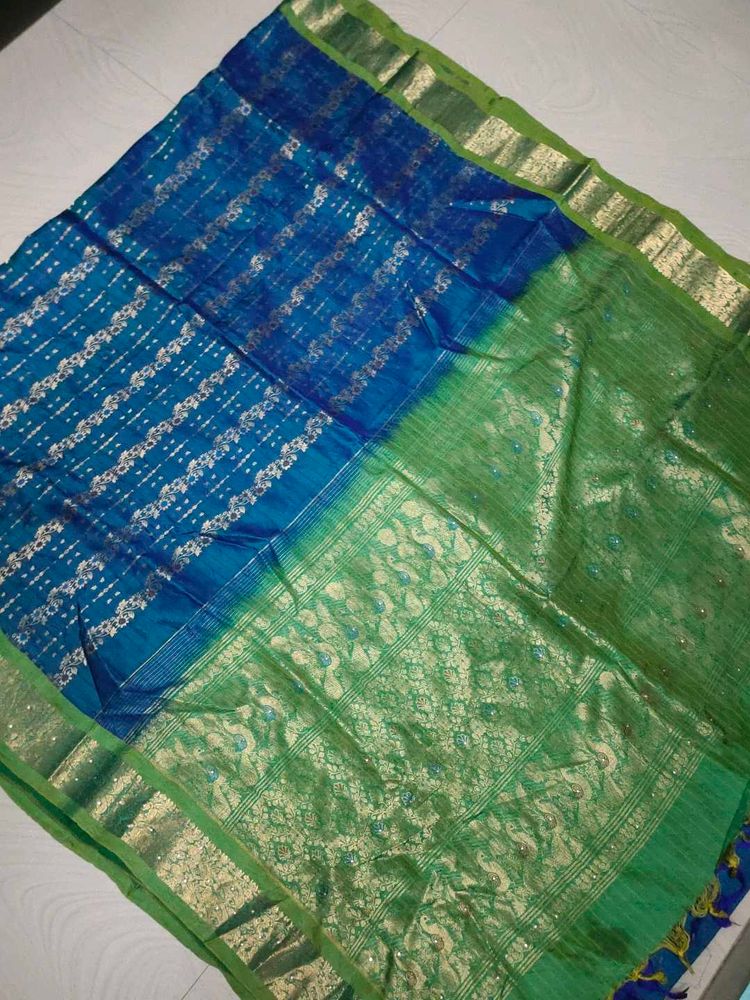 Blue &amp; Green Pure Kanchi Pattu Silk Saree