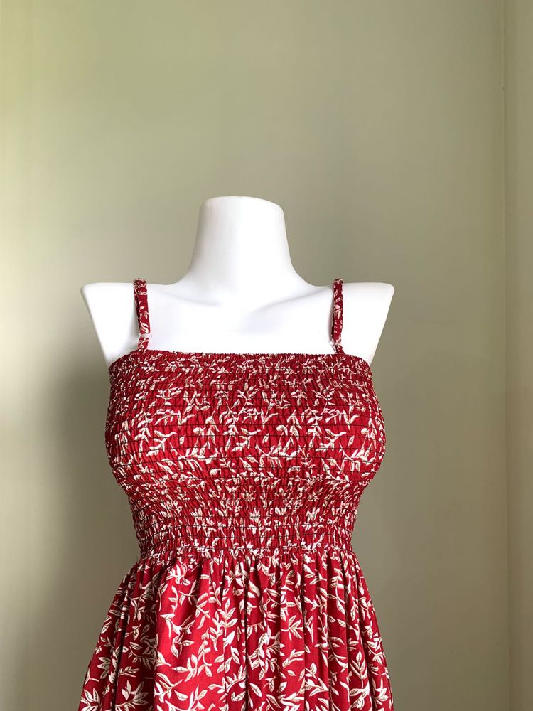 Boho Red Floral Smocked Sundress