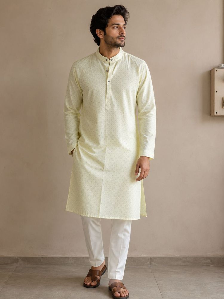 Men's Light Yellow Printed Kurta