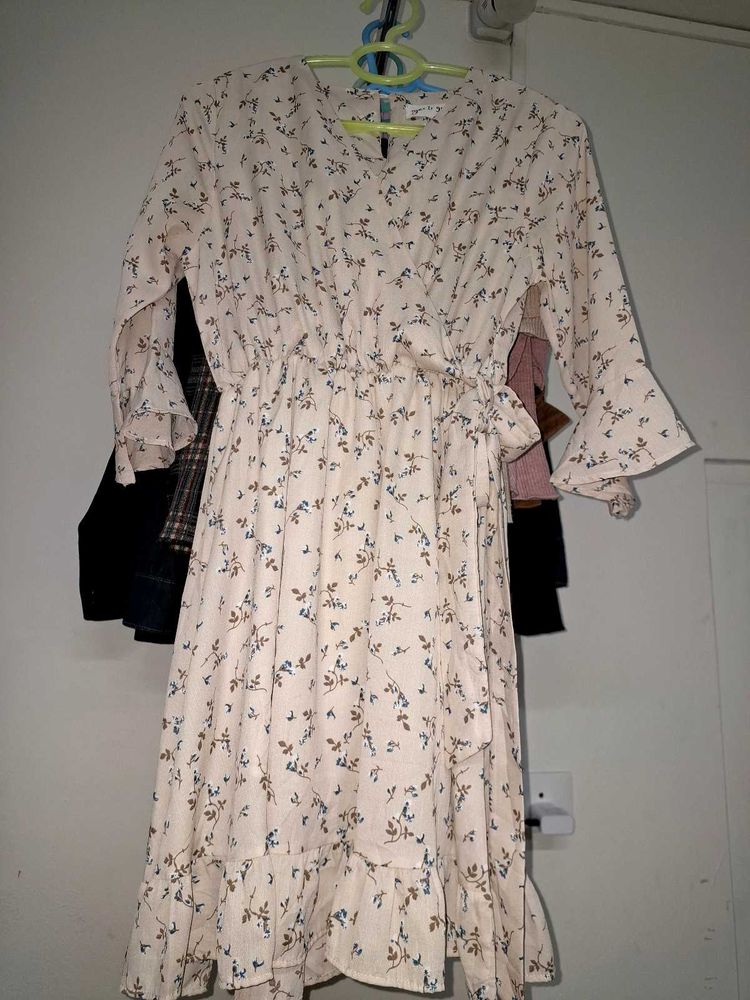 Cream Floral Print Midi Dress
