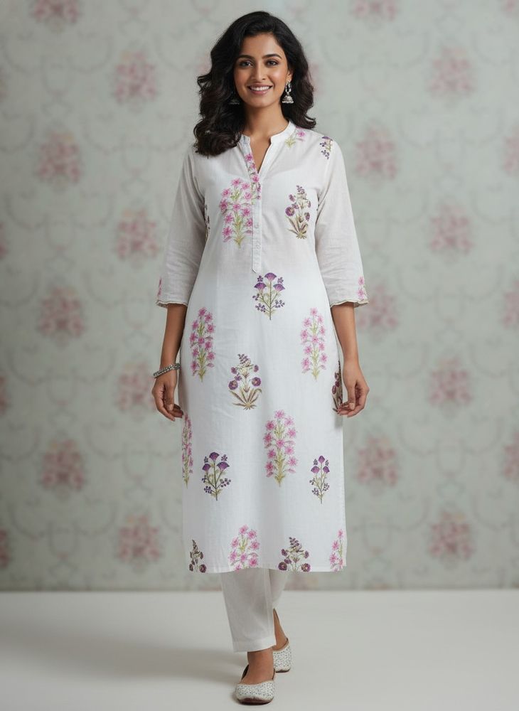 White Cotton Kurta with Floral Print