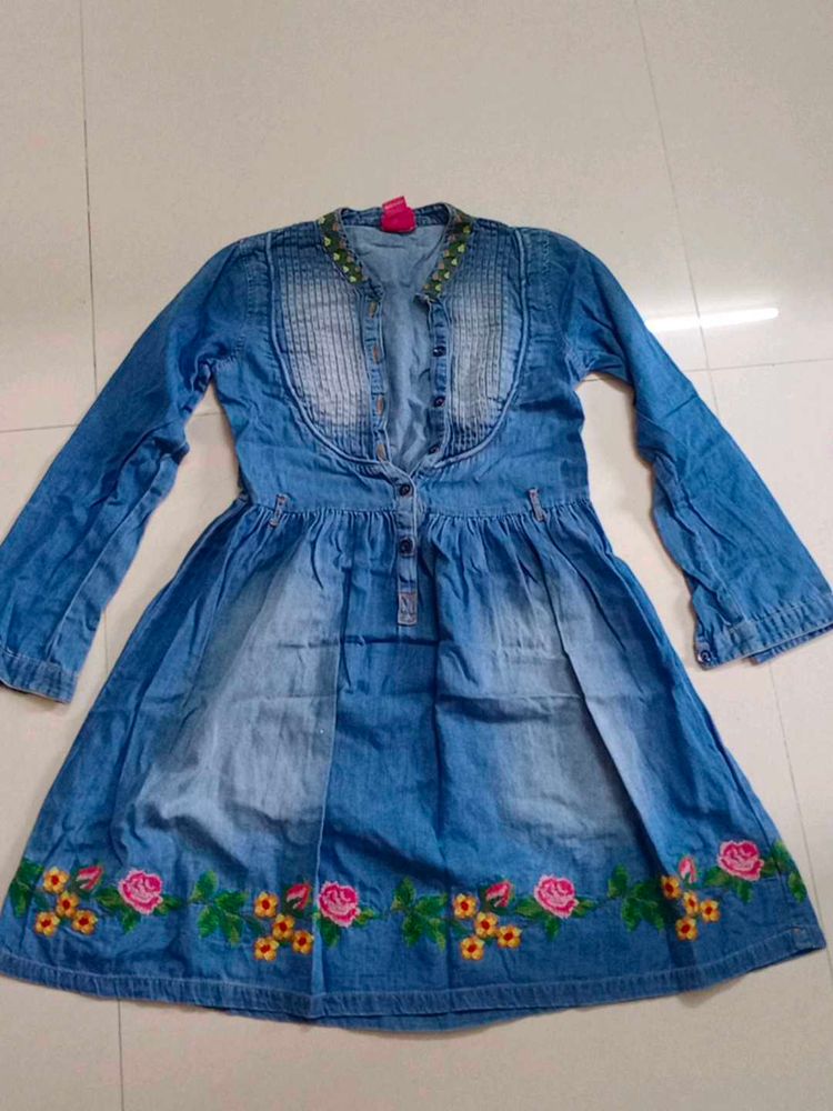 Denim Dress with Floral Embroidery