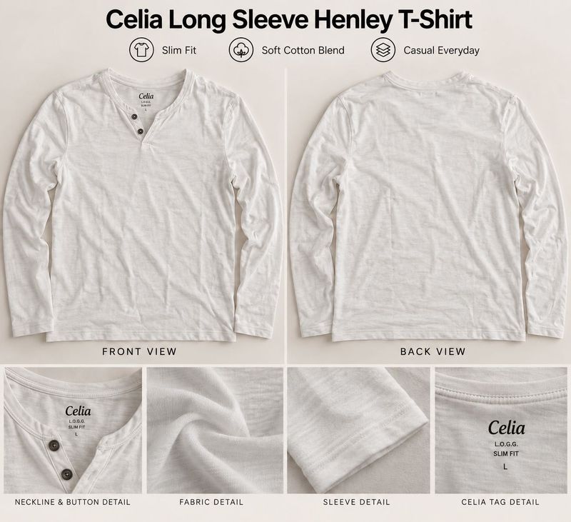 CELIO Long Sleeve Henley T-Shirt